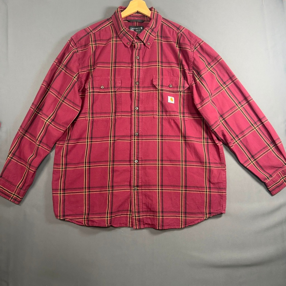 Carhartt Loose Fit Plaid Button Up Shirt Mens XL Burgundy Long Sleeve Cotton